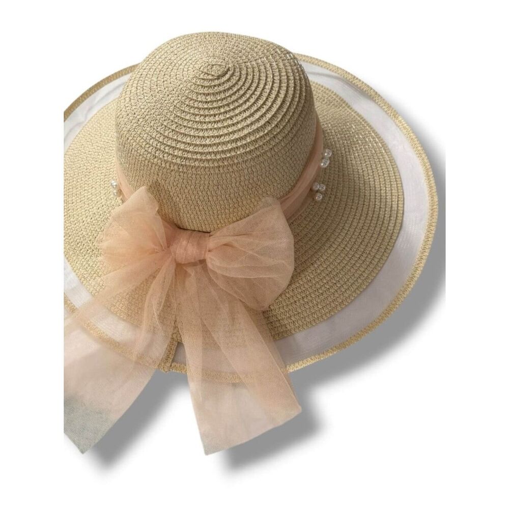 Elegant Wide Brim Big Bow Straw Sun Hat NWT